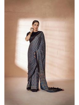 VASTRA RAAG - Indigo Modal Silk Ajrakh Hand Block Printed Saree with Unstitched Blouse