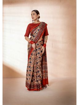 VASTRA RAAG - Beige Modal Silk Ajrakh Hand Block Printed Saree with Unstitched Blouse