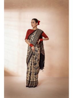 VASTRA RAAG - Beige Modal Silk Ajrakh Hand Block Printed Saree with Unstitched Blouse