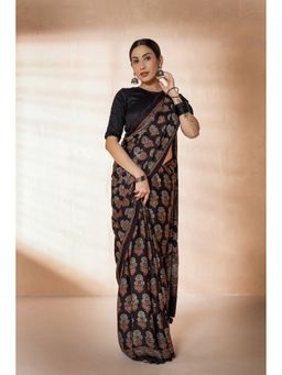 VASTRA RAAG - Black Modal Silk Ajrakh Hand Block Printed Saree with Unstitched Blouse