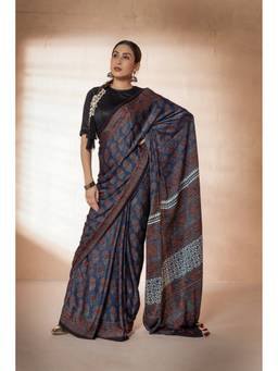 VASTRA RAAG - Blue Modal Silk Ajrakh Hand Block Printed Saree with Unstitched Blouse
