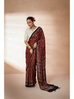 VASTRA RAAG - Maroon Modal Silk Ajrakh Hand Block Printed Saree with Unstitched Blouse