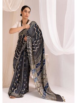 VASTRA RAAG - Indigo Modal Silk Ajrakh Hand Block Printed Saree with Unstitched Blouse