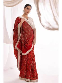 VASTRA RAAG - Red Modal Handworked Silk Ajrakh Hand Block Printed Saree with Unstitched Blouse