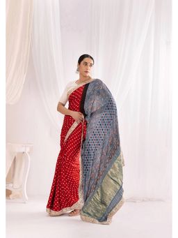 VASTRA RAAG - Red Handworked Modal Silk Ajrakh Hand Block Pallu Bandhej Saree with Unstitched Blouse