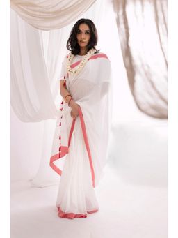 VASTRA RAAG - White Handloom Contrast Color Border Pure Mul Cotton Saree with Unstitched Blouse