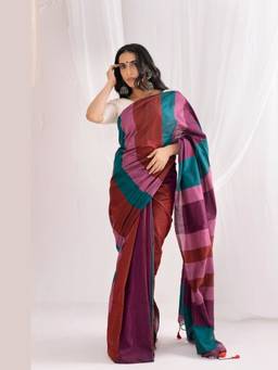 VASTRA RAAG - Maroon Handloom Contrast Color Pallu Pure Mul Cotton Saree with Unstitched Blouse
