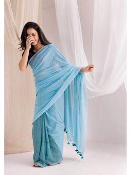 VASTRA RAAG - Sky Blue Handloom Contrast Color Pallu Pure Mul Cotton Saree with Unstitched Blouse