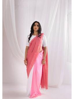 VASTRA RAAG - Pink Handloom Contrast Color Pallu Pure Mul Cotton Saree with Unstitched Blouse