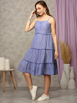 Anubhutee - Women Shoulder Straps Cotton Solid Blue Knee Length Dress