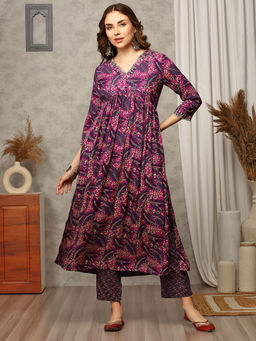 Anubhutee - Women V-Neck Rayon Floral Purple Kurta with Pant (Set of 2)