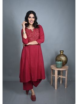 EARTHWEAR - Hand Embroidered Handloom Cotton Three Panel Red Kurta with Pant
