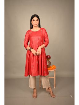EARTHWEAR - All-Over Hand Embroidered Tassar Silk Red Kurta with Pant