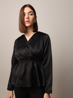 ONLY - Black Solid Wrap Peplum Top