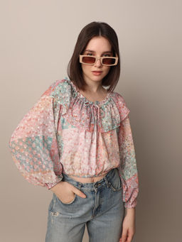 ONLY - Multi-Color Floral Printed Balloon Sleeve Top