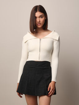 ONLY - White Ribbed Collar Neck Cardigan