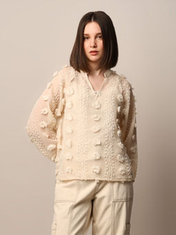 ONLY - Cream Self Design Mandarin Neck Regular Fit Top