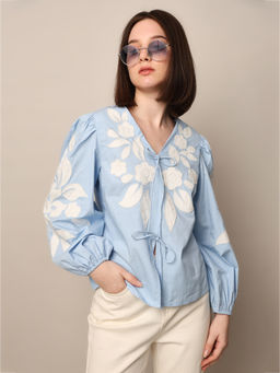 ONLY - Blue Embroidered V-Neck Balloon Sleeve Top