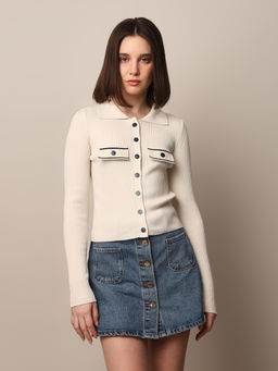 ONLY - Off White Ribbed Button Fly Top