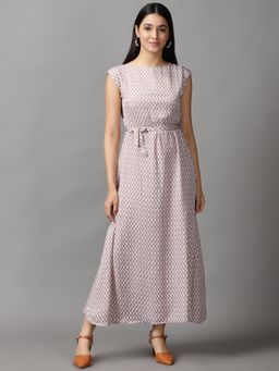 SHOWOFF - Womens Boat Neck Maxi Taupe Printed Dress