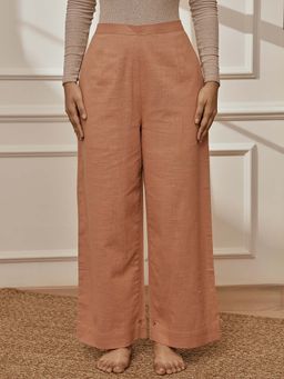 Vastramay - Women Rose Pink Cotton Linen Straight Yoga Pant