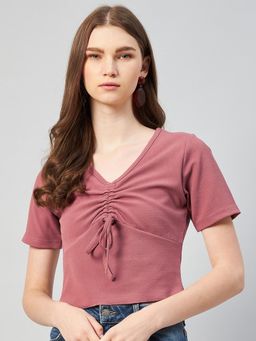 RARE - Women Casual Peach Colour V-Neck Solid Regular Top