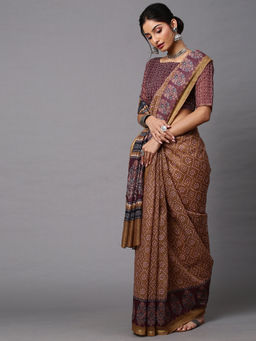Akhilam - Women Linen Blend Beige Printed Celebrity Saree with Unstitched Blouse