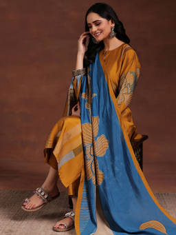 Libas - Mustard Floral Kurta with Pant and Dupatta (Set of 3)