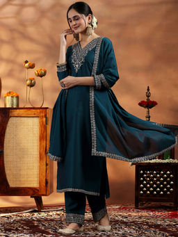 Libas - Navy Blue Embroidered Kurta with Pant and Dupatta