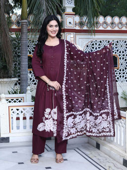 Miravan - Wine Floral Kurta with Pant and Dupatta (Set of 3)