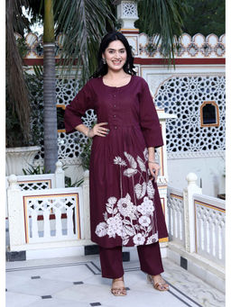Miravan - Wine Floral Kurta with Pant (Set of 2)