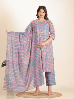 ARAMYA - Blue Floral Kurta with Pant and Dupatta (Set of 3)