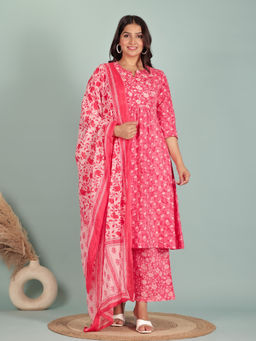 ARAMYA - Pink Floral Kurta with Palazzo and Dupatta (Set of 3)