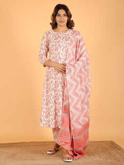 ARAMYA - Off White Floral Kurta with Palazzo and Dupatta (Set of 3)