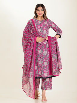 ARAMYA - Pink Floral Kurta with Pant and Dupatta (Set of 3)