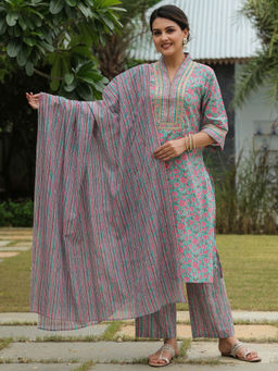 ARAMYA - Green Floral Kurta with Pant and Dupatta (Set of 3)