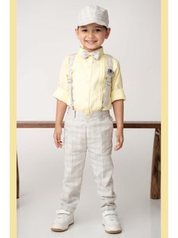 Little Collars - Boys Cotton Checks Shirt and Trouser with Suspender, Bow, Cap- Yellow