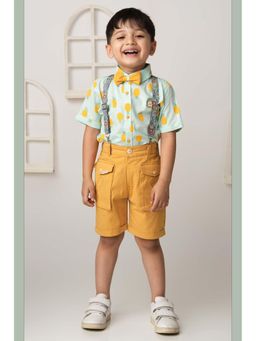 Little Collars - Boys Pure Cotton Pineapple Printed Shirt and Shorts with Suspender, Bow