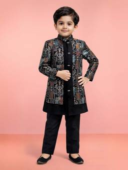 Vastramay - Boys Multicolour Embroidery Attached Jacket Style Sherwani with Pant