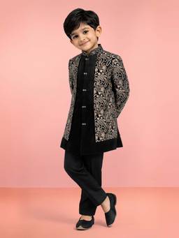 Vastramay - Boys Chiku Velvet Thread Embroidery Attached Jacket Style Sherwani with Pant