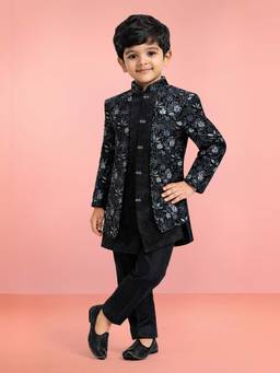 Vastramay - Boys Black Velvet Thread Embroidery Attached Jacket Style Sherwani with Pant