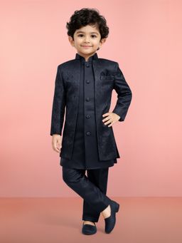 Vastramay - Boys Navy Blue Silk Blend Jacquard Indo-Western Kurta and Sherwani with Pant