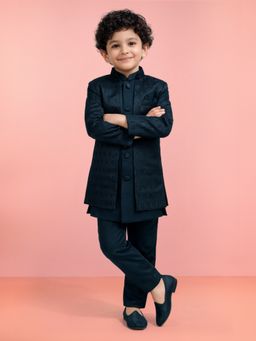 Vastramay - Boys Turquoise Silk Blend Jacquard Indo-Western Kurta and Sherwani with Pant