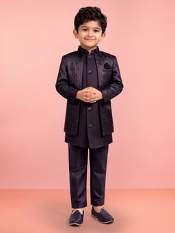 Vastramay - Boys Wine Silk Blend Jacquard Indo-Western Kurta and Sherwani with Pant