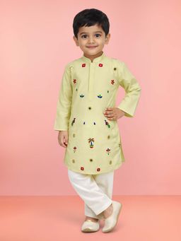 Vastramay - Boys Light Yellow Pure Cotton Embroidered Kurta and Pyjama