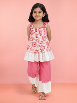 Vastramay - Girls Pink Cotton Schiffli Digital Floral Flare Top with Palazzo
