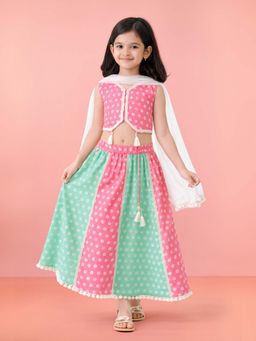 Vastramay - Girls Pink Cotton Bandhani Printed Choli and Lehenga with Dupatta