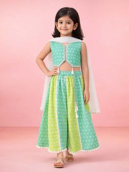 Vastramay - Girls Sage Green Cotton Bandhani Printed Choli and Lehenga with Dupatta