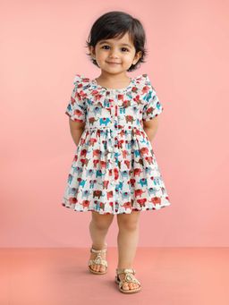 Vastramay - Girls Multicolour Cotton Printed Gathered Short Sleeve A-Line Dress