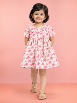 Vastramay - Girls Pink Cotton Printed Gathered Short Sleeve A-Line Dress